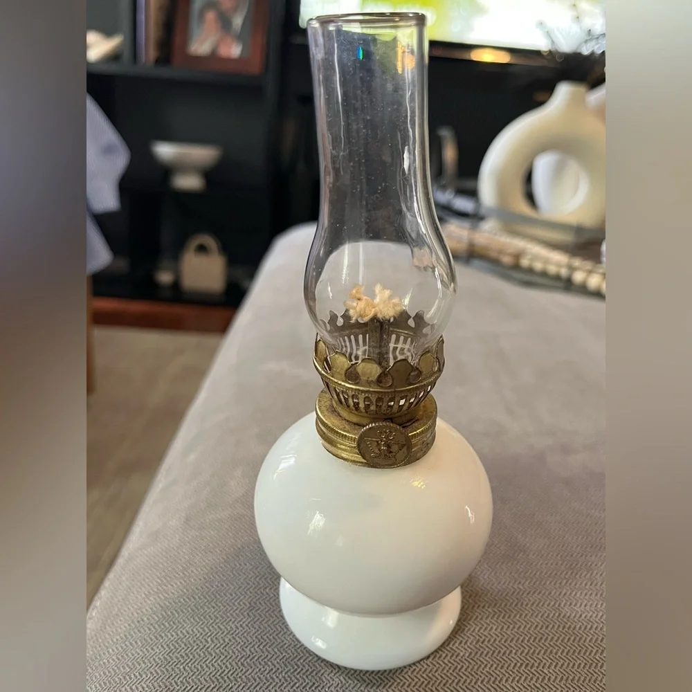 Elegant Vintage Mini White Milk Glass Lantern with Brass Detail